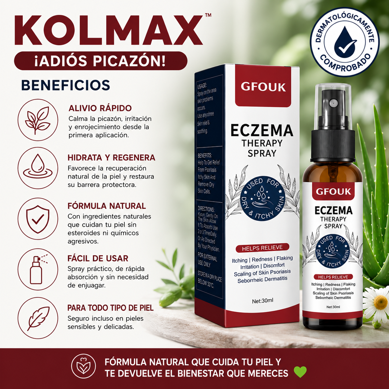 Spray para psoriasis e irritación Kolmax PAGA 1 LLEVA 2 - Alivio rápido desde la primera aplicación, reduce enrojecimiento, Hidrata y regenera la piel